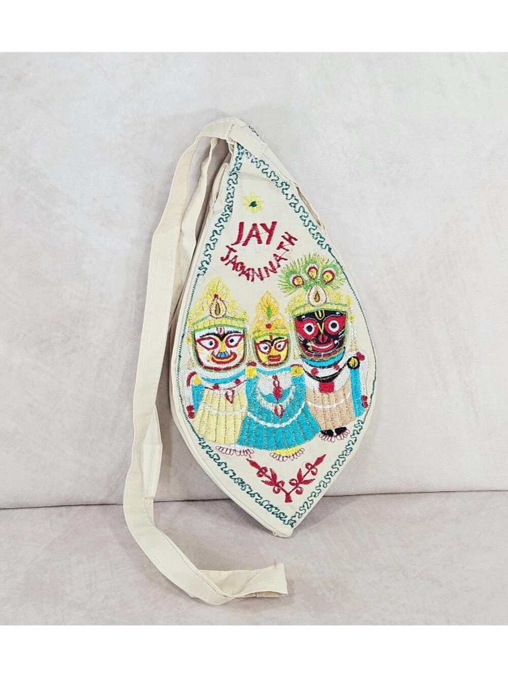 Jay Jagannath Embroidered Bead Bag Hindu Devotional Prayer Japa Pouch White
